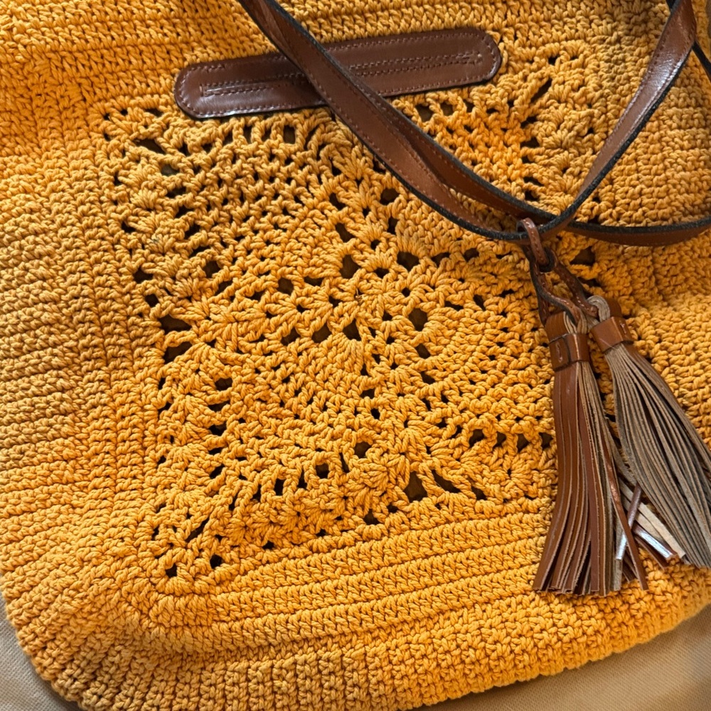 Patricia Nash Mustard Crochet Tote with Brown Leather Accents